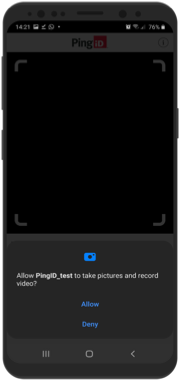 A screen capture of the camera permissions Allow PingID to take pictures and record video? message request with the Allow or Deny options