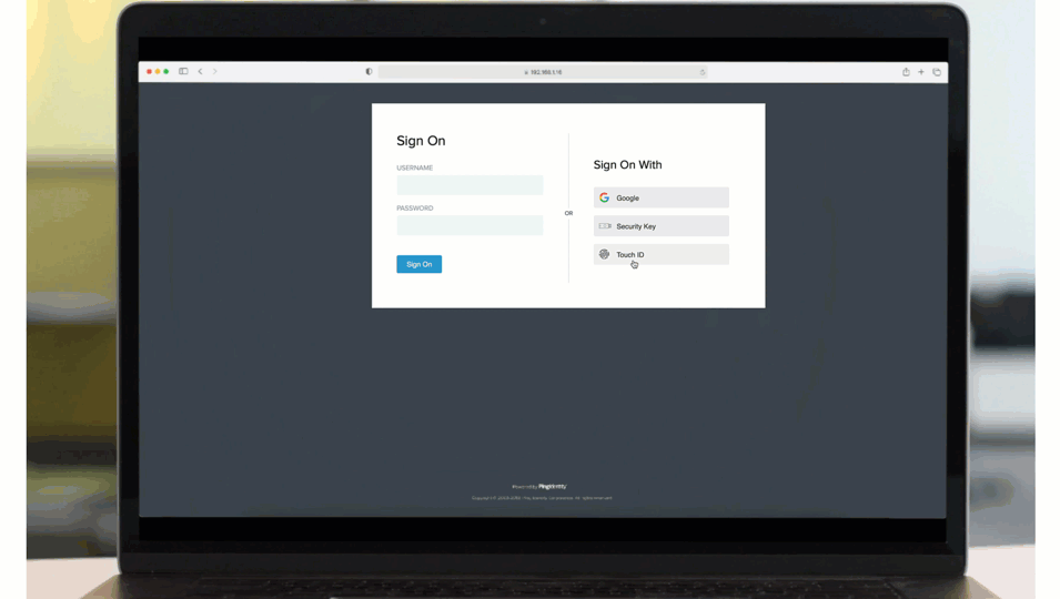 An animation showing the PingID sign on process using biometrics authentication with Mac Touch ID and not requiring username or password.