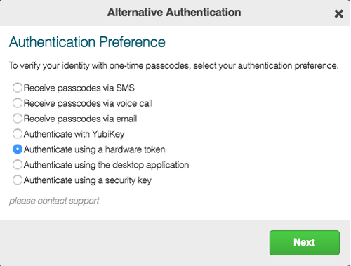 A screen capture of the Alternative Authentication window.