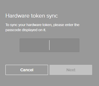 A screen capture of the Hardware token sync page where the end user enters the passcode.