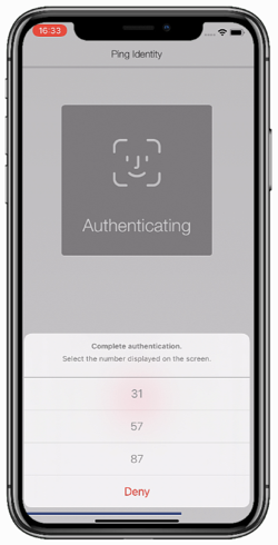 PingID mobile app displaying a list of numbers, and a message asking you to select the same number that is displayed on the Authentication screen. At the end of the list is the Deny button. 