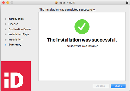 A screen capture of the The installation was completed successfully message in the PingID desktop app installer with the blue Close button at the bottom.