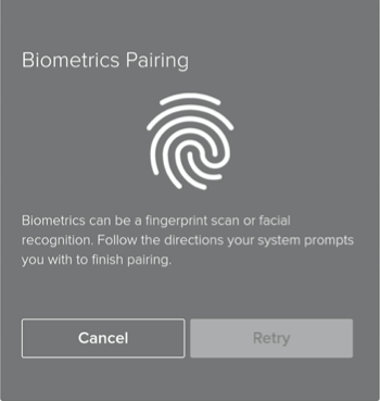 A screen capture showing the biometrics pairing window, requesting you to scan your fingerprint. It also includes a Retry button, if the request times out.