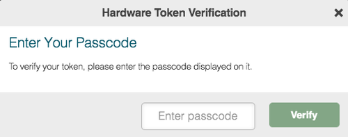 A screen capture of the Hardware Token Verification Enter Your Passcode window.