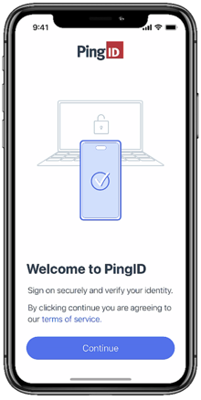 Welcome screen explaining that this app enables you to sign on securely and verify your identity, and showing a link to the terms of service and a Continue button.