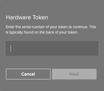 A screen capture of the Hardware Token window requesting the entry in the serial number field.