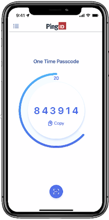 A screen capture of the PingID mobile app One-Time Passcode window displaying the current one-time passcode with a blue, circular timer indicating how long it is until the passcode expires and a new one is presented.