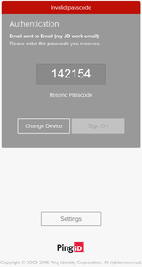 A screen capture of the invalid passcode message displaying a one-time passcode with the Resend passcode link and Change Device option.