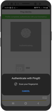 A screen capture of the the PingID app prompting you to authenticate - in this example using your fingerprint.