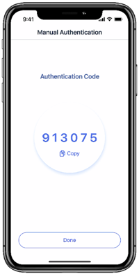 A screen capture of the Manual Authentication window, showing the authentication code that has been generated, and a Done button
