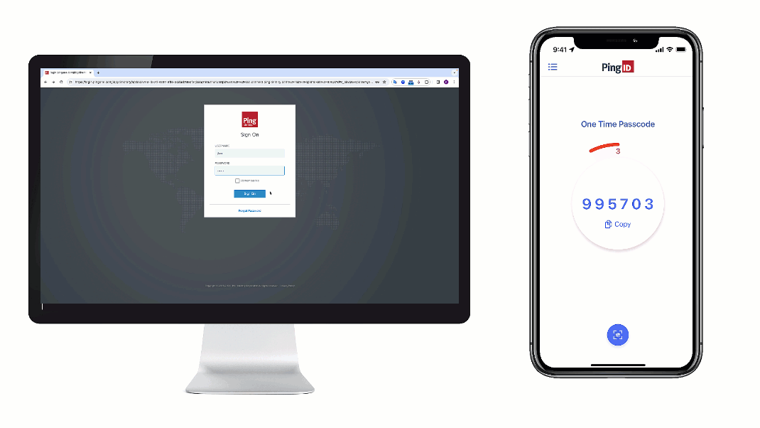 An image showing the process of using the PingID generated one-time passcode received on a mobile device to sign on and authenticate for access to your account and applications on a desktop