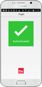 A screen capture of the green Authenticated message with a check mark on the PingID mobile app.