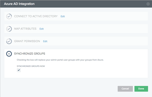 Screen capture of the Synchronize Groups section on the Azure AD Integration window