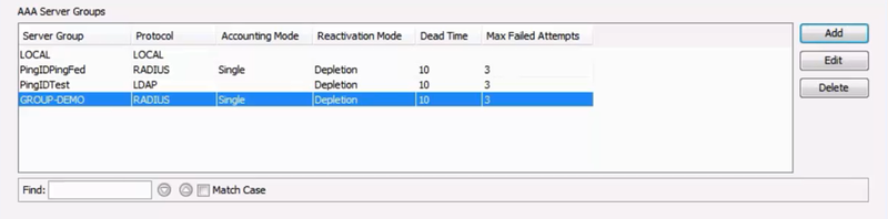 A screen capture of the AAA Server Groups pane in the Cisco ASDM client.