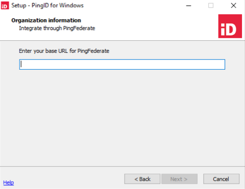 A screen capture of the Setup - PingID for Windows - Organization information step for your to enter your base URL for PingID.