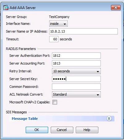 A screen capture of the Add AAA Server dialog box in the Cisco ASDM client.