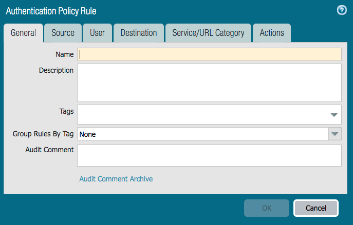 A screen capture of the Authentication Policy Rule window on the General tab showing the fields for Name, Description, Tags, Group Rules by Tag, and Audit Comment. There is a hyperlink for Audit Comment Archive..