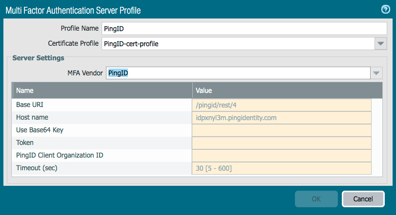 A screen capture of the Multi Factor Authentication Server Profile window, showing populated fields in the Server Settings section with MFA Vendor PingID selected. The populated fields are Base URI, Host name, and Timeout (sec).