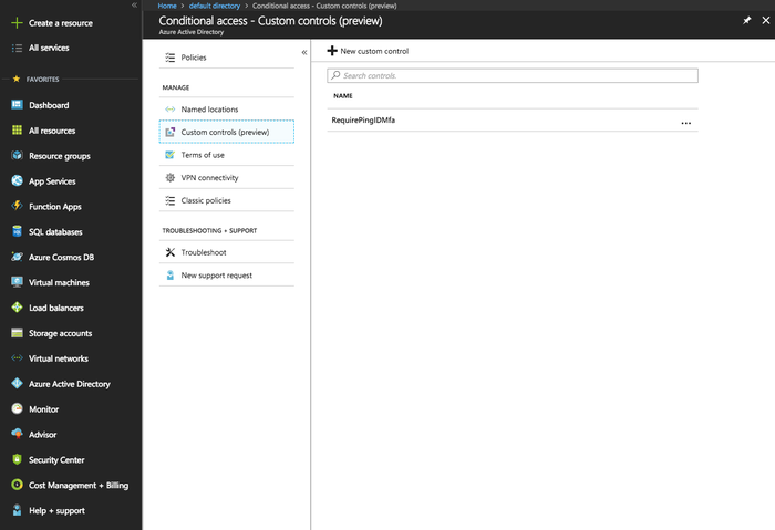 Screen capture of the newly-created custom control in the custom controls list in Azure AD.