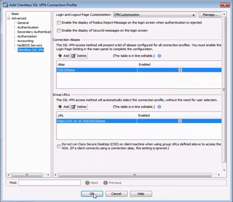 A screen capture of the Add Clientless SSL VPN Connection Profile window in the Cisco ASDM client, showing a URL in the Group URLs list.