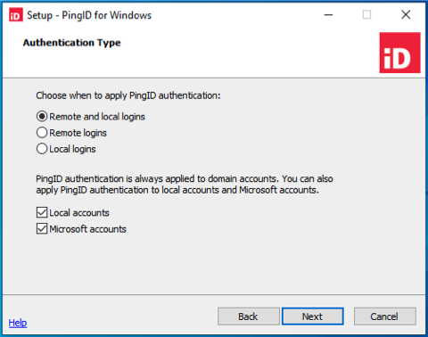 Authentication type window showing options for when to apply PingID authentication, and checkbox options to apply PingID authentication to local and Microsoft accounts, in addition to domain accounts.