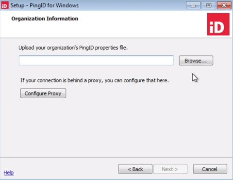 A screen capture of the Setup - PingID for Windows window showing the Organization Information step with a field to upload your organization’s PingID properties file.