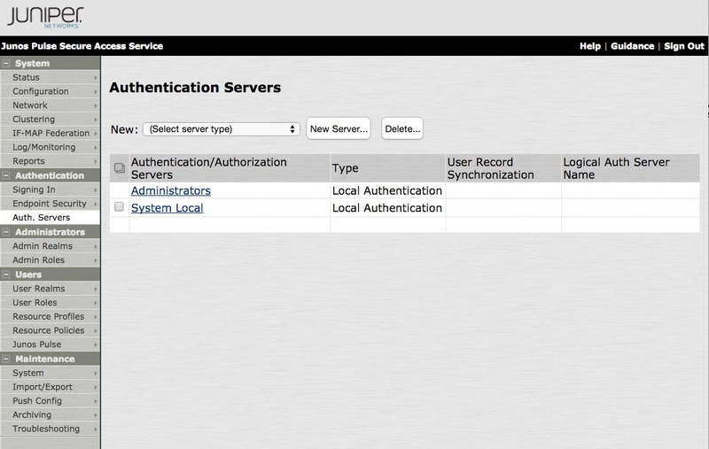 A screen capture of the Authentication Servers window showing the New list with the buttons New Server and Delete and a table with a header row that shows Authentication/Authorization Servers, Type, User Record Synchronization, and Logical Auth Server Name. There is a check box column at the left most side. Example servers Administrators and System Local appear as separate entries under the Authentication/Authorization Servers column. Under the Type column, there are two entries for Local Authentication. The columns for User Record Synchronization and Logical Auth Server Name have no entries..The row that contains the System Local entry has a check box in the left most column.