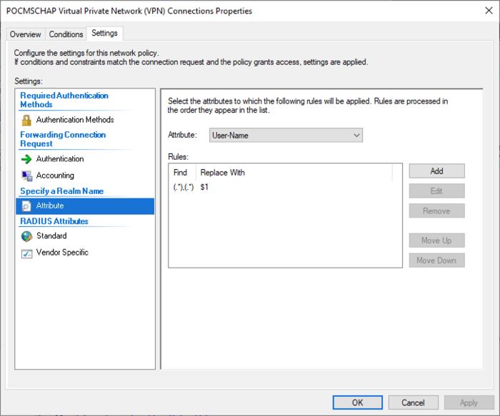 Connections Properties showing the Settings tab