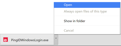 A screen capture of the PingID Windows login file with Open highlighted.