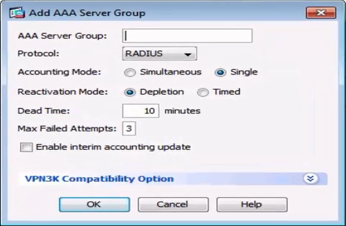 A screen capture of the Add AAA Server Group dialog box in the Cisco ASDM client.