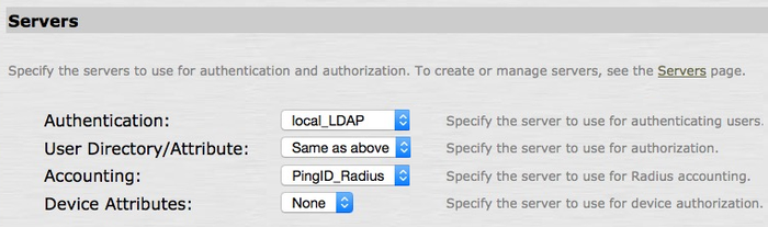 A screen capture of the Servers section in the Juniper UI. The Authentication field shows local_LDAP selected. The User Directory/Attribute field shows Same as Above selected. The Accounting field shows PingID_Radius selected. The Device Attributes field shows None selected.