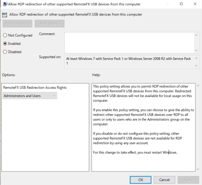 Window for editing the Allow RDP Redirection settings