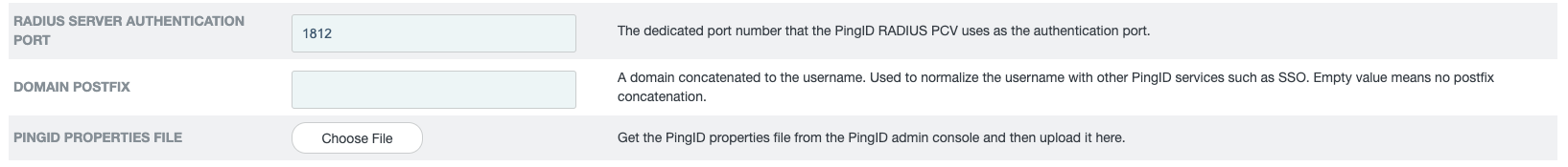 A screen capture of the Instance Configuration tab in the PingID administrative console shoowing the PingIDproperties file field and Choose File upload button.