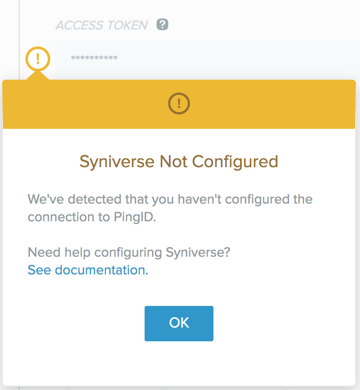 A screen capture of the Syniverse Not Configured warning message.