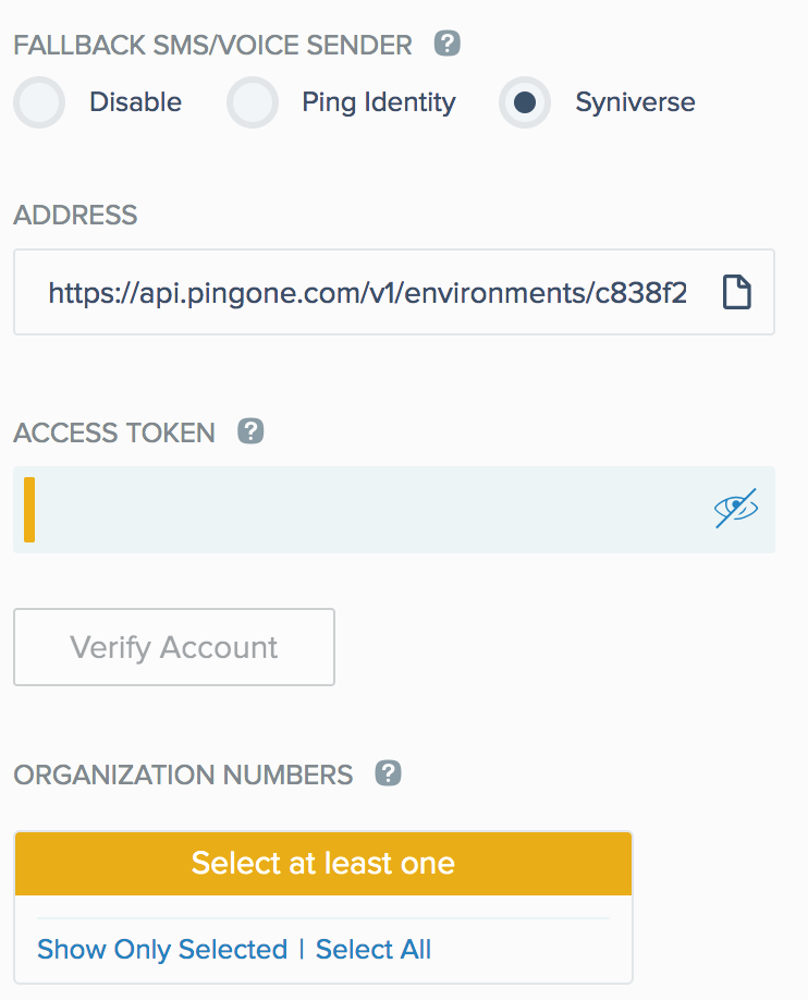 A screen capture of the Fallback SMS/Voice Sender section with Syniverse selected and an address entered in the Address field.