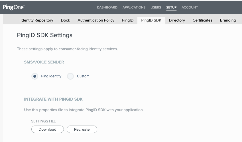 Screen capture illustrating the Settings File Download for integrating PingID SDK with your application.