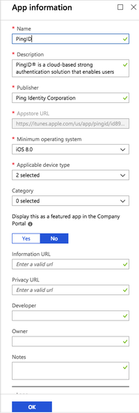 A screen capture of the App Information window. Required fields are marked by an asterisk.