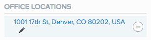 A screen capture of the Office Locations section listing the defined office location by its street name.