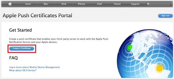 Screen capture of the Apple Push Certificates Portal Get Started window. The Create a Certificate button is highlighted.