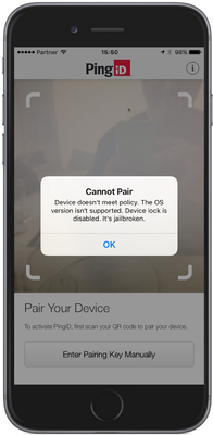 Image of the PingID mobile app showing the Cannot Pair error message.