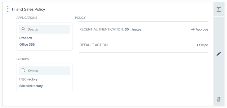 A screen capture of the expanded IT and Sales Policy displaying the Applications, Groups, and Policy details to view or edit.