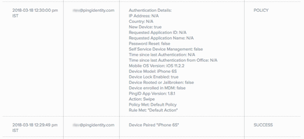 Screen capture of the PingID report showing the successful pairing of an iPhone 6s.