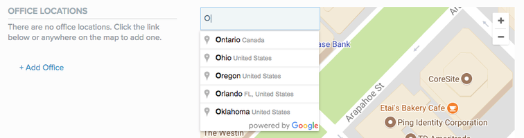 A screen capture of the Office Locations wizard with the + Add Office option and map and search feature.