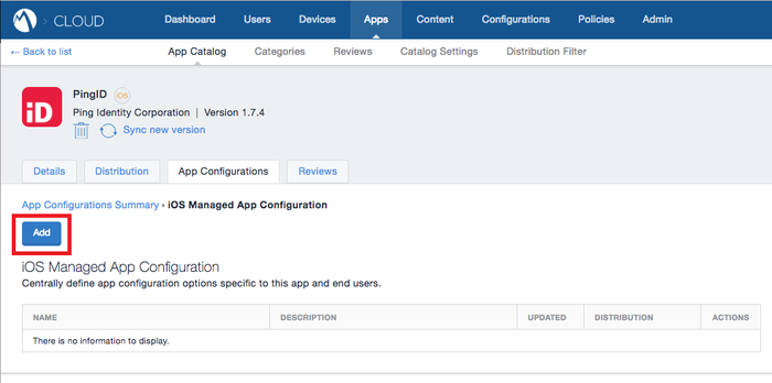 Screen capture of the PingID App Configurations tab with the Add button highlighted.