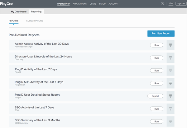 Screen capture of the PingOne Reporting tab and the Pre-Defined Reports section with a Run New Reportbutton and a list of report types and their associated Run buttons and Expand icons.