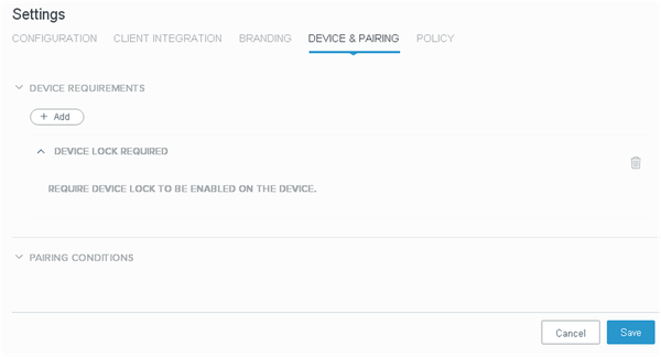 A screen capture of the Device Requirements section with a device lock rule configured.