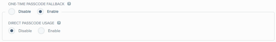 A screen capture of the One-Time Passcode Fallback section, which contains the Direct Passcode Usage section.