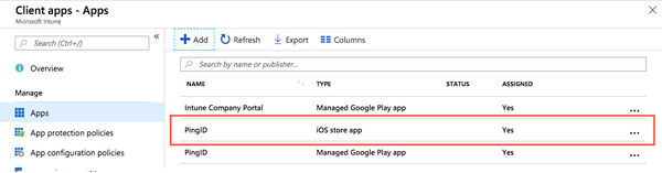 A screen capture of the Client Apps - Apps window, highlighting the PingID iOS store app.