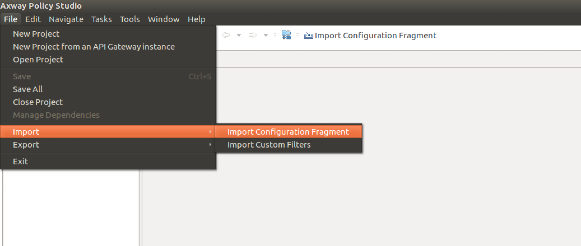 A screen capture of the File menu with Import > Import Configuration Fragment selected.