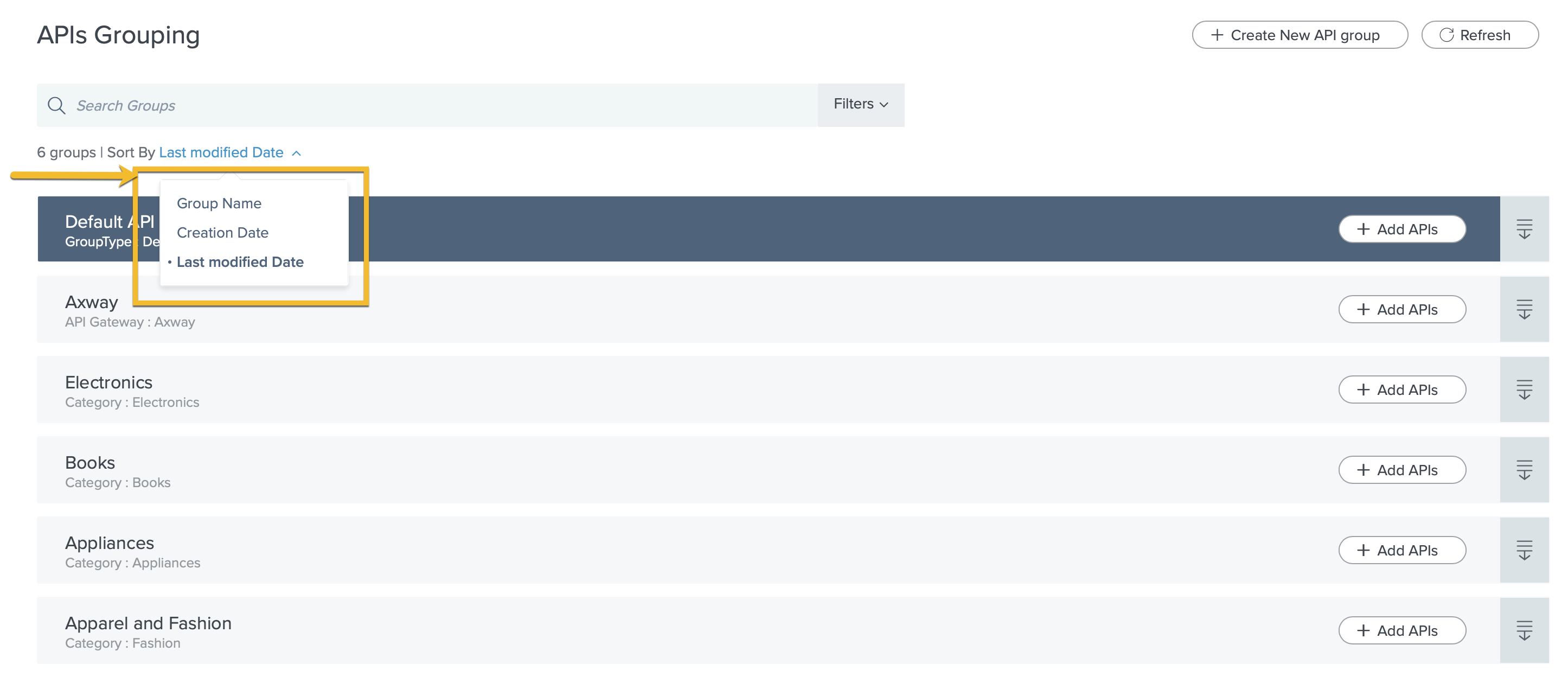 PingIntelligence API groups sort